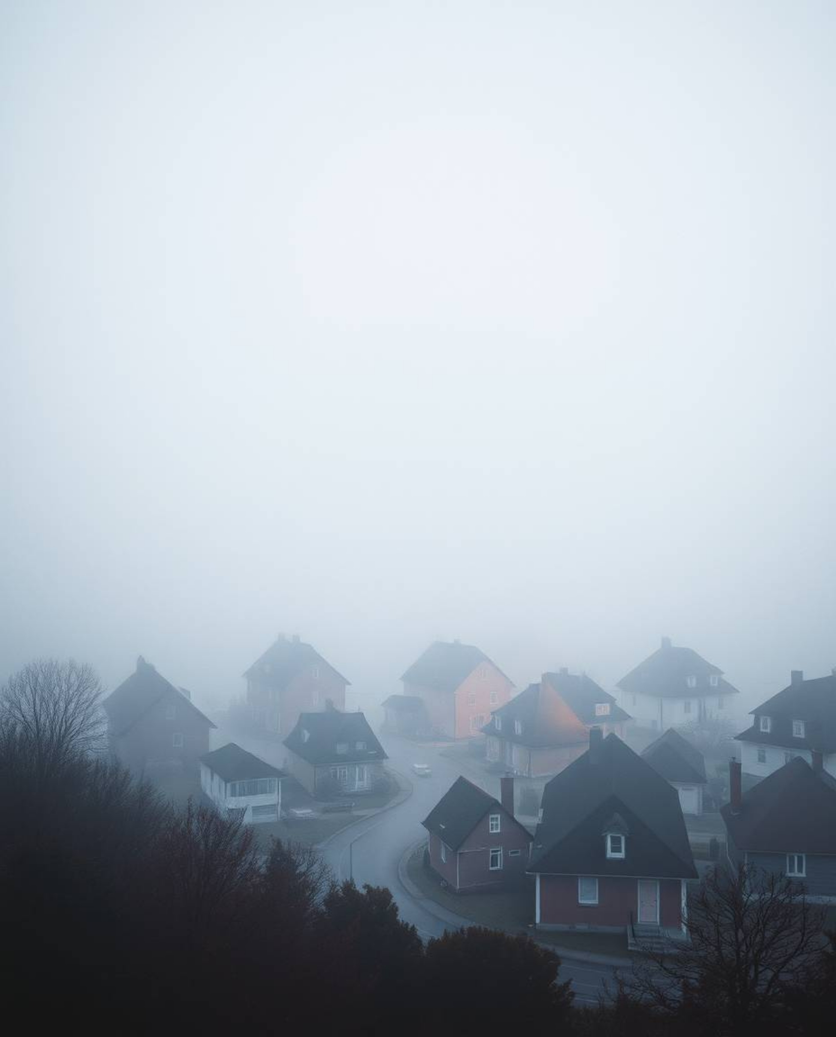 Discover a mesmerizing surreal watercolor painting of a sleepy town. Pastel-colored houses are shrouded in thick fog, creatin