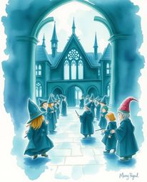 Immerse yourself in a delicate watercolor painting depicting a magical school teeming with young wizards. Rendered in rich, d