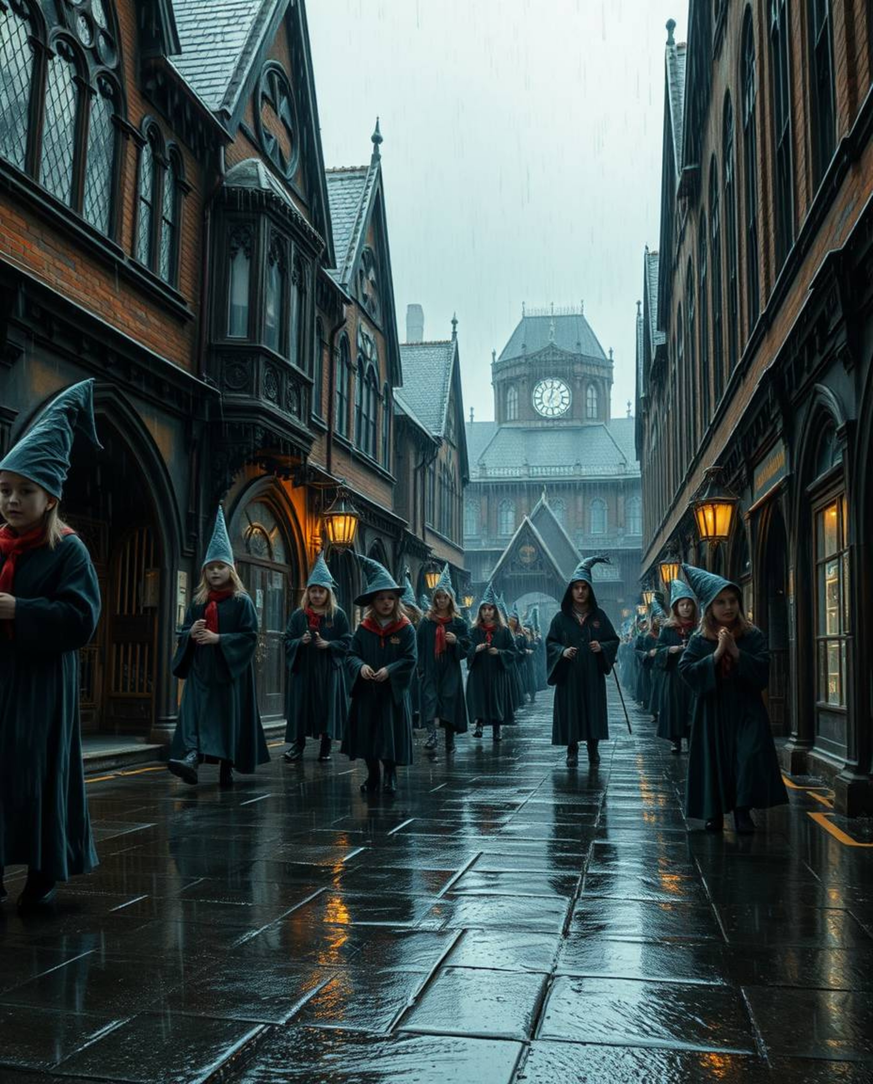 Experience a high-angle perspective of a magical school brimming with young wizards on a rainy day. The scene is brought to l