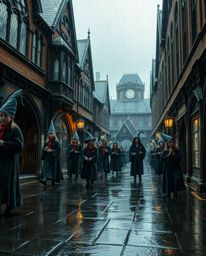 Experience a high-angle perspective of a magical school brimming with young wizards on a rainy day. The scene is brought to l