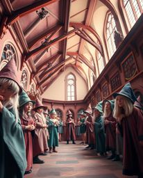 Experience the enchanting atmosphere of a magical school brimming with young wizards, captured from a unique low angle perspe