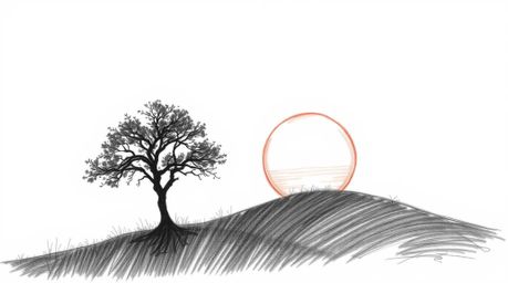 A classic black and white hand-drawn sketch depicts a lone tree silhouetted against a fiery sunset on a hill. The rough textu