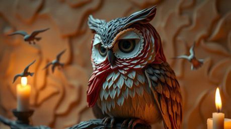 A stunning layered papier-mâché artwork depicting a blind owl in Pixar style, gracefully teaching birds how to fly. The scene