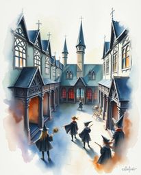This delicate watercolor painting, viewed from a bird's-eye perspective, showcases a magical school brimming with young wizar