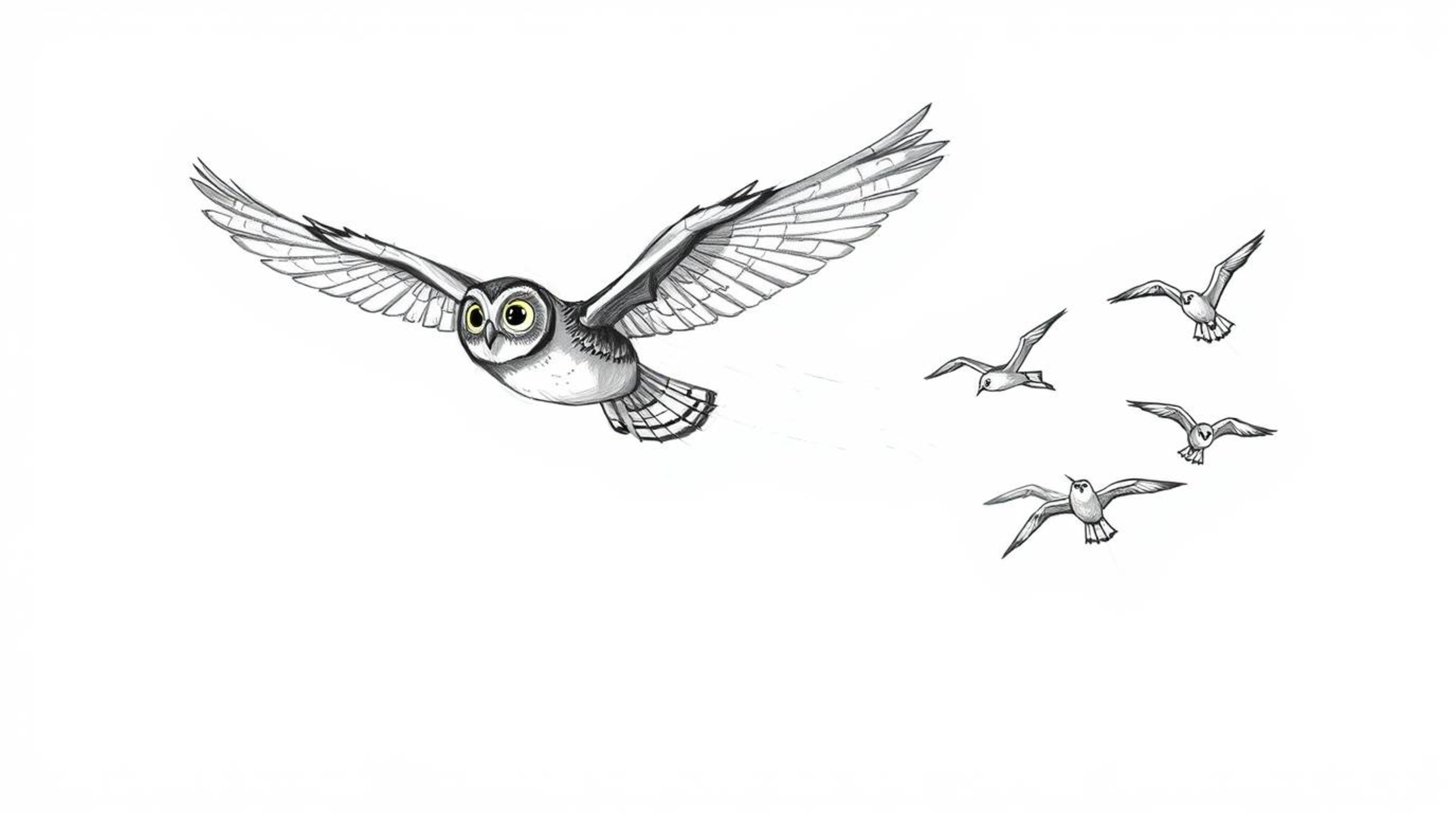 A captivating hand-drawn sketch in the style of Pixar depicts a blind owl in mid-flight, gracefully guiding a flock of birds.