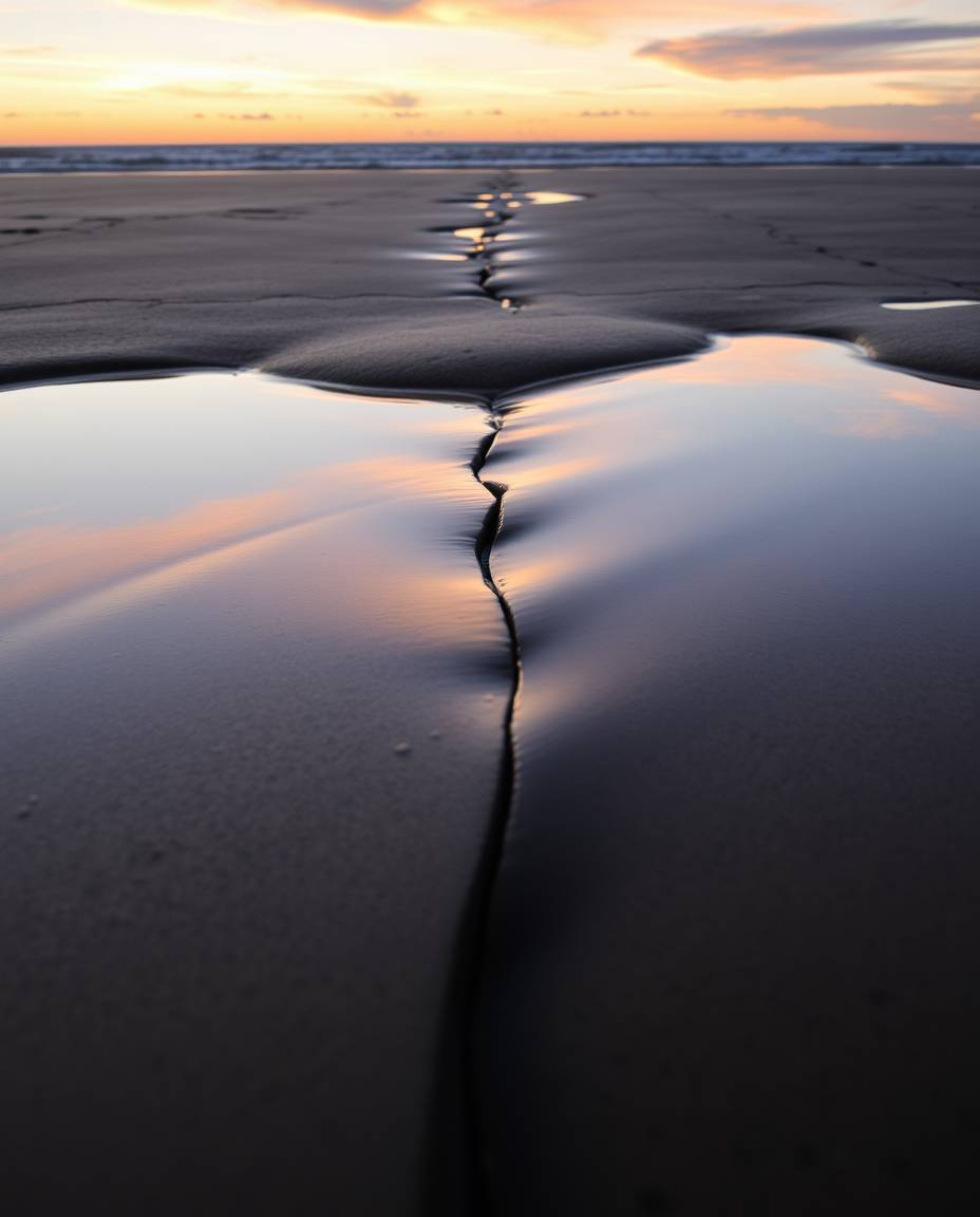 A distinct split, tight close-up shot captures a sunset sky mirrored in tidal pools on a beach. The composition is characteri