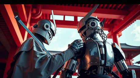 Stunning architectural color photography captures a dramatic battle between a samurai and a robot in a dystopian world.  The 