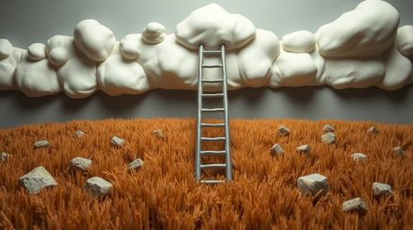 This sculptural clay artwork captures a minimalist scene featuring a silver ladder standing in a field beneath a cloudy sky. 