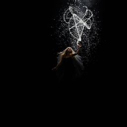 Experience a dramatic scene bathed in intense jet-black and deep shadows. A fairy godmother materializes in a mesmerizing swi