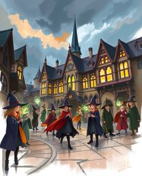 A dynamic digital sketch portraying a magical school brimming with young wizards under stormy skies, rendered in complementar