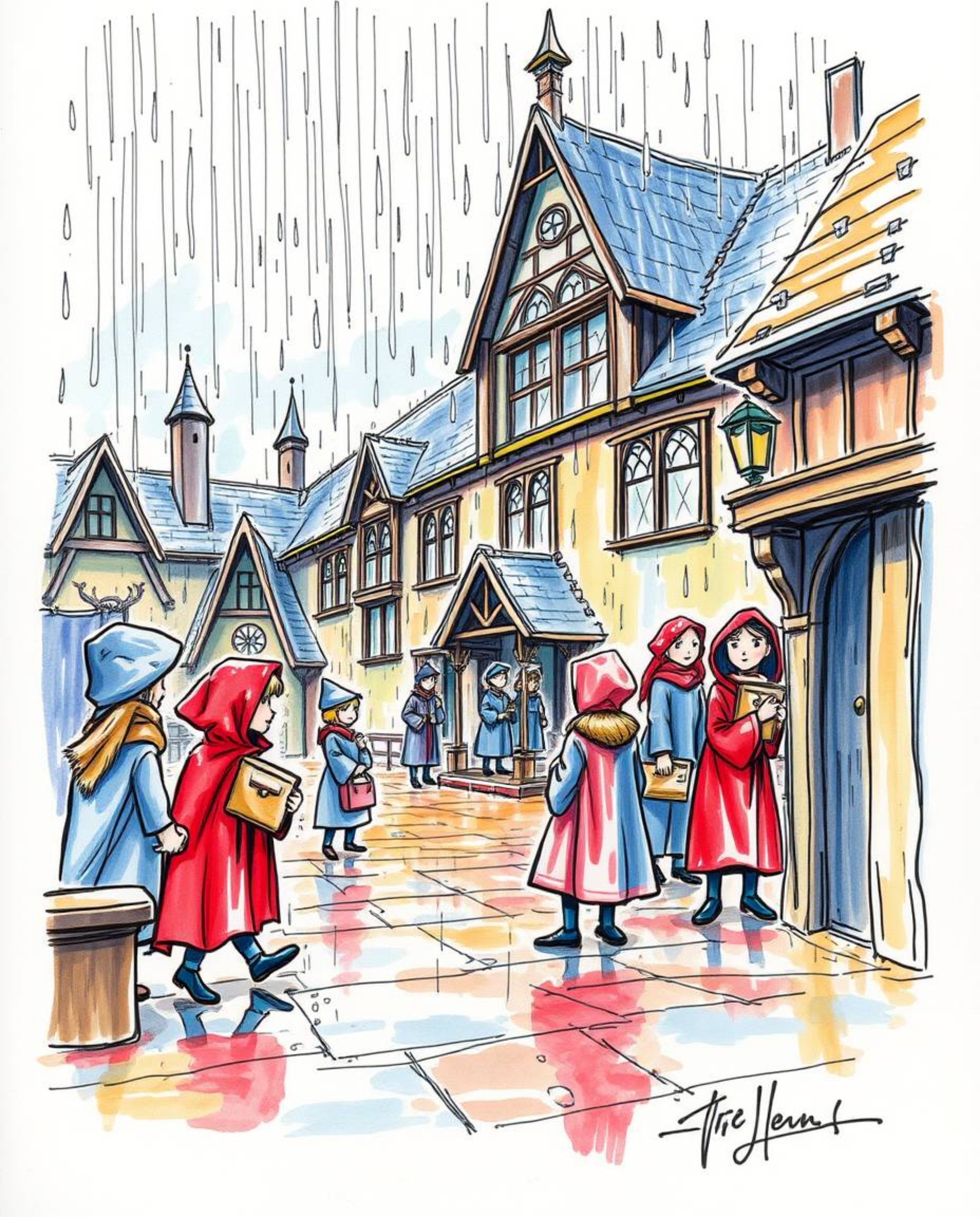 Explore a captivating hand-drawn color sketchnote depicting a magical school brimming with young wizards amidst a wet, rainy 