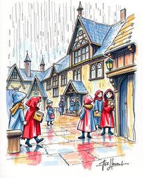 Explore a captivating hand-drawn color sketchnote depicting a magical school brimming with young wizards amidst a wet, rainy 