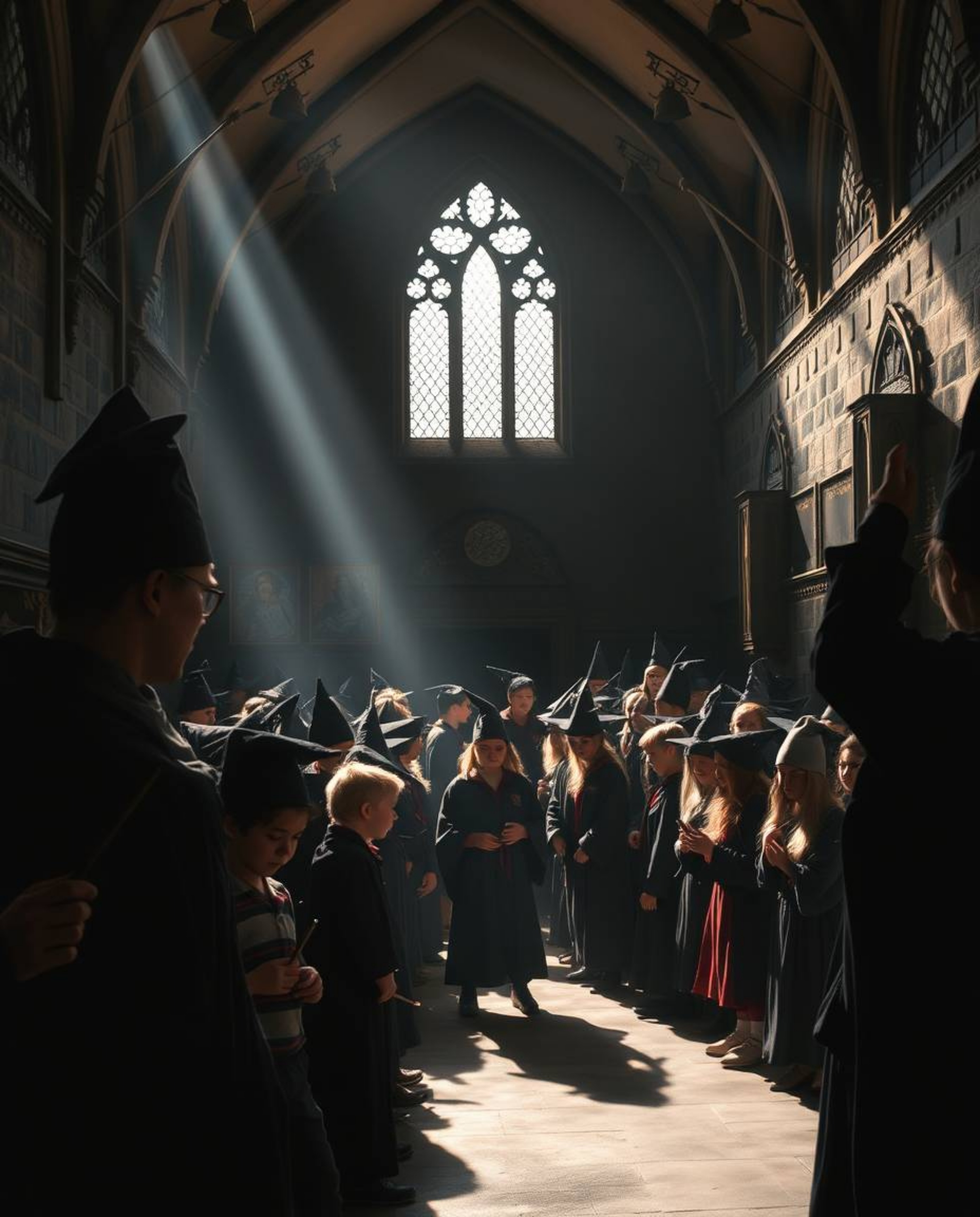 Explore a captivating magical school brimming with young wizards, rendered with striking hard light that creates a dramatic i