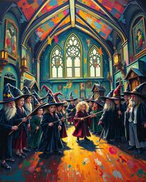 A bold acrylic painting depicting a magical school brimming with young wizards, rendered in vibrant colors and textured brush