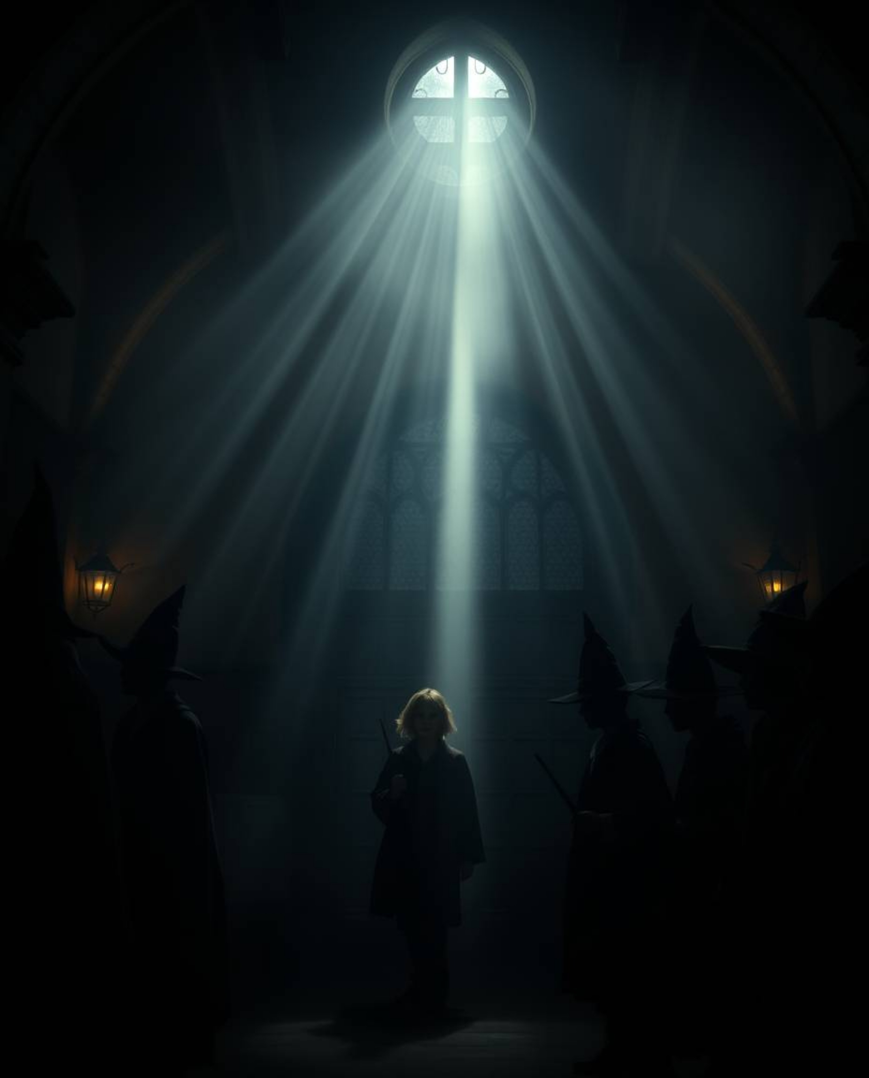 Discover a captivating image of a magical school filled with young wizards, rendered in a moody volumetric lighting style.  D