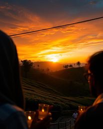 A candid, street photography style image depicting a sunset over terraced tea plantations in electric vivid colors. This phot