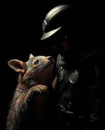 A captivating, jet-black fine art photograph depicts a unique, warm-toned scene of a talking animal sidekick assisting a hero