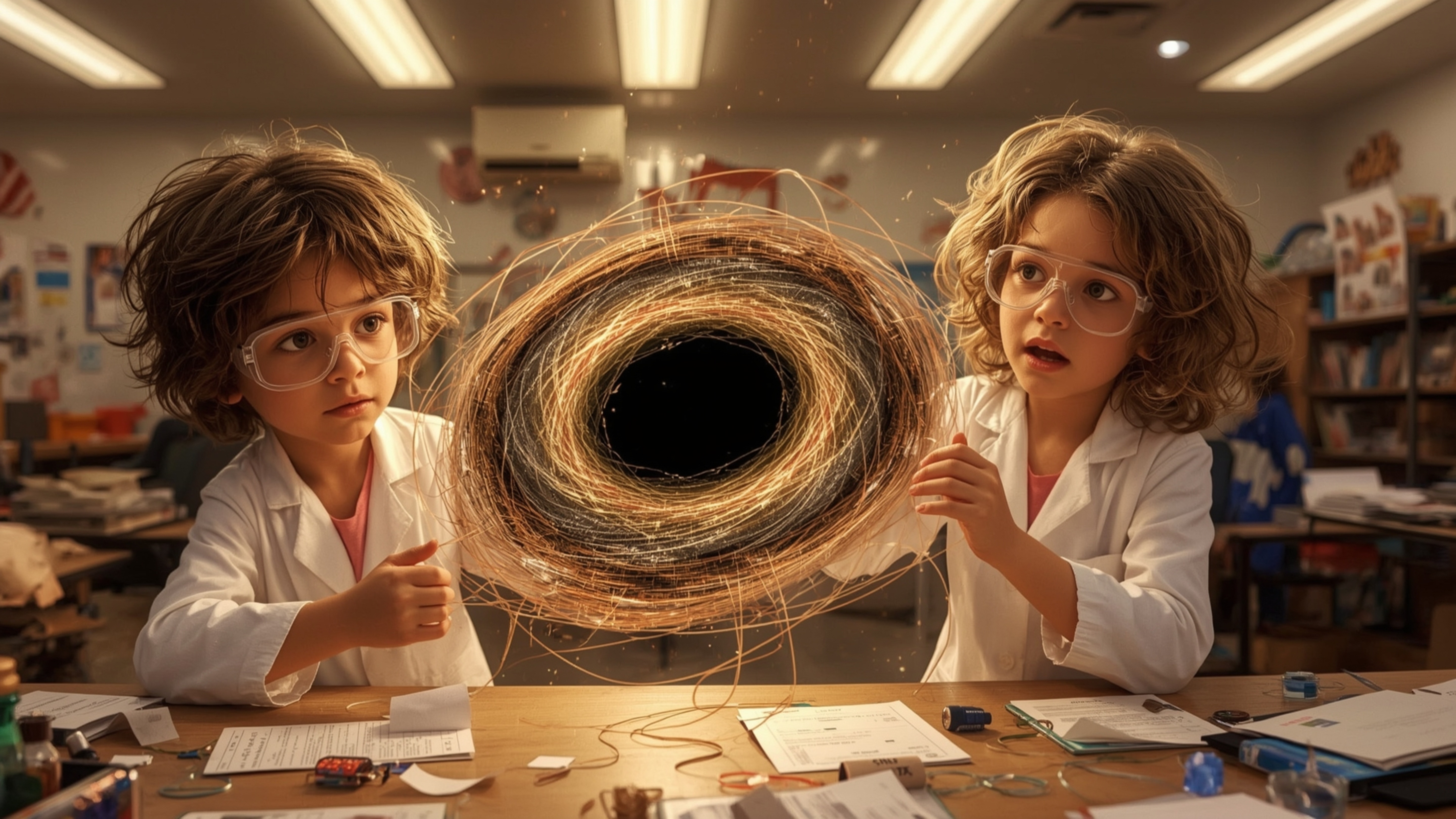 A vibrant, cinematic photograph in a fantastical, Pixar-inspired style captures two enthusiastic science fair students, a boy
