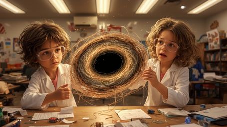 A vibrant, cinematic photograph in a fantastical, Pixar-inspired style captures two enthusiastic science fair students, a boy