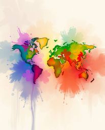A dynamic digital sketch showcasing a world map constructed from rough, painterly strokes and vibrant splashes of color.  Emp