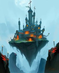 A surreal floating island with strange architecture is brought to life in a dynamic digital sketch, characterized by loose, p