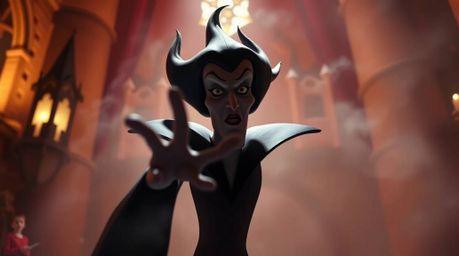 A captivating fine art photograph depicts a classic Disney villain casting a spell within a warm-toned castle. The image boa