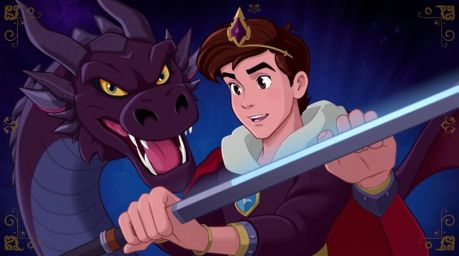 A charming prince with noble features engages in a thrilling battle against a fearsome dragon, rendered in the captivating st