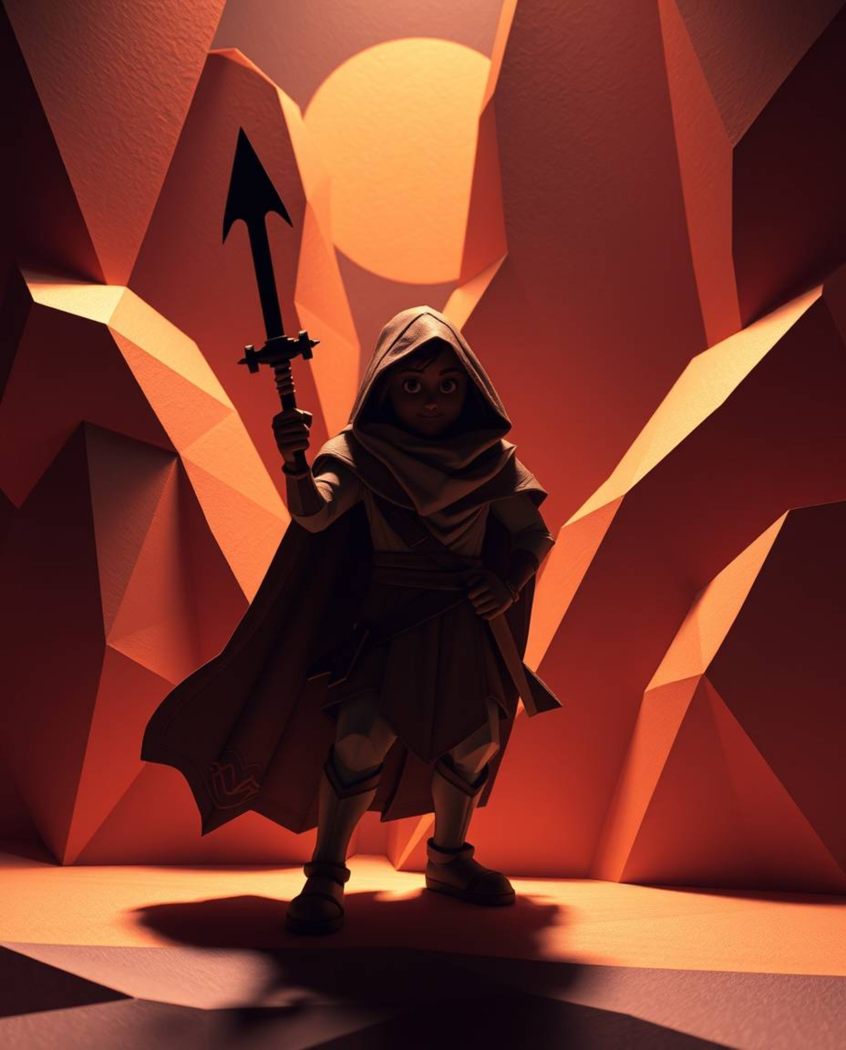 Embark on a thrilling desert adventure with a brave hero depicted in intricate origami style. This Disney-esque scene feature