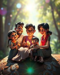 Experience the warmth of a digitally painted Pixar-style family reunion, rendered on a bronze surface with an antique patina