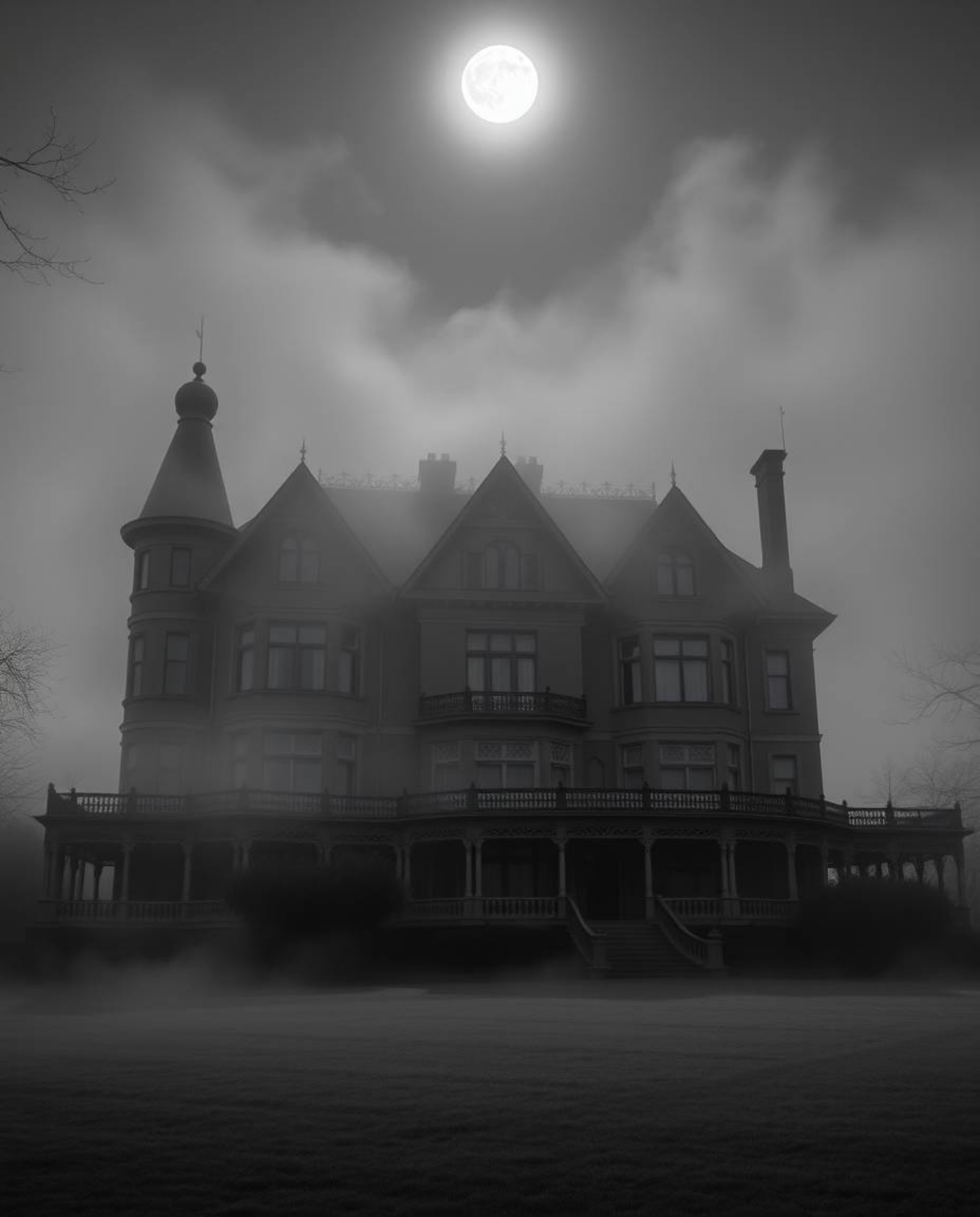Capture the timeless elegance of a fog-covered Victorian mansion bathed in moonlight with this high-resolution black and whit