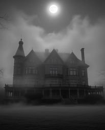 Capture the timeless elegance of a fog-covered Victorian mansion bathed in moonlight with this high-resolution black and whit