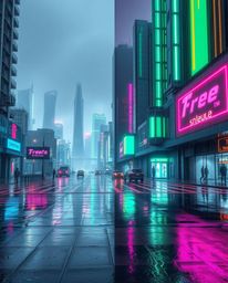 A captivating image showcasing a futuristic cyberpunk cityscape drenched in vibrant neon splashes and drizzling rain.  The sc