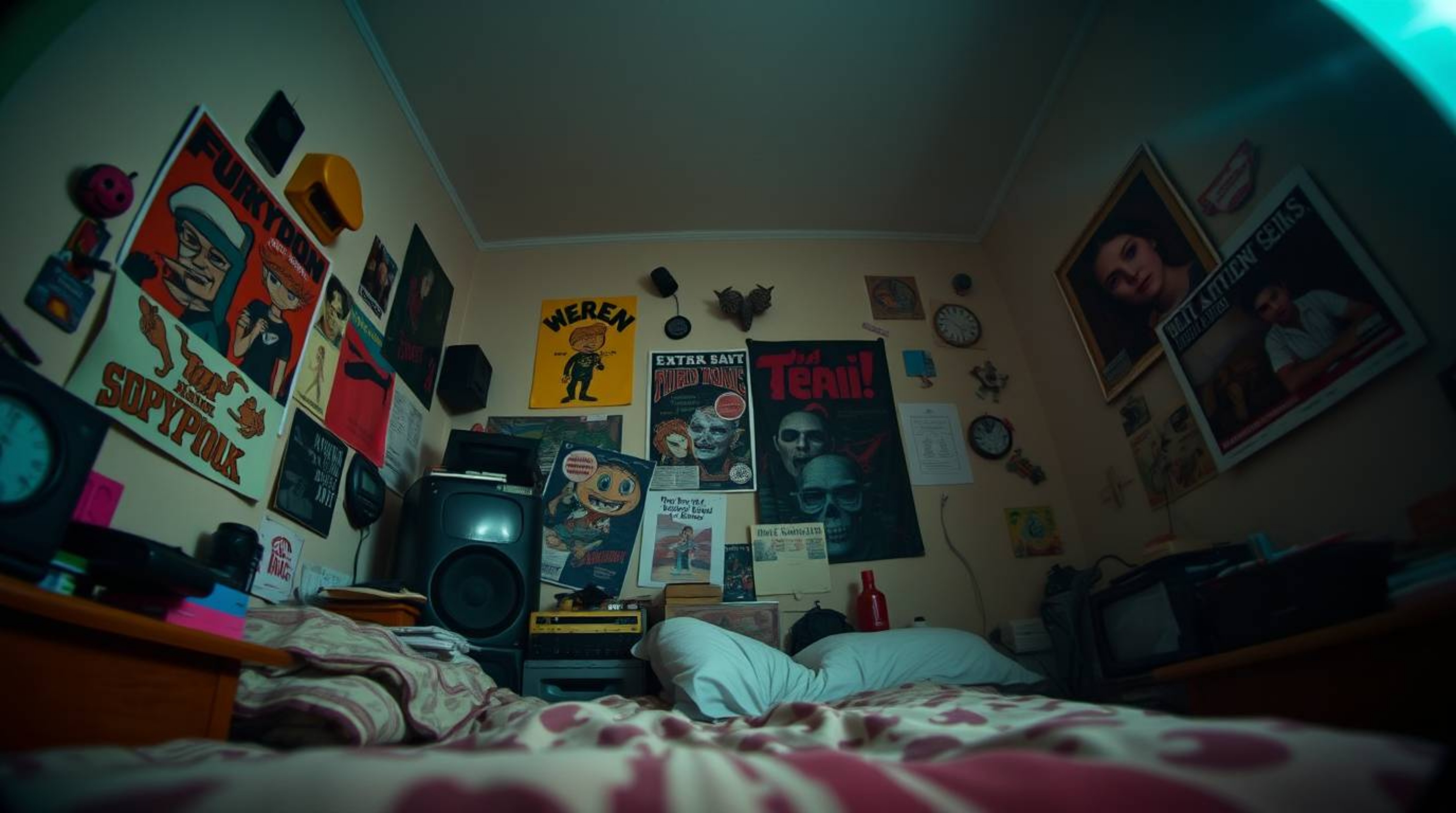 A captivating low-angle shot of a messy bedroom, awash in warm, hazy light.  Strange gadgets and eclectic posters populate th