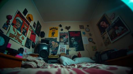 A captivating low-angle shot of a messy bedroom, awash in warm, hazy light.  Strange gadgets and eclectic posters populate th