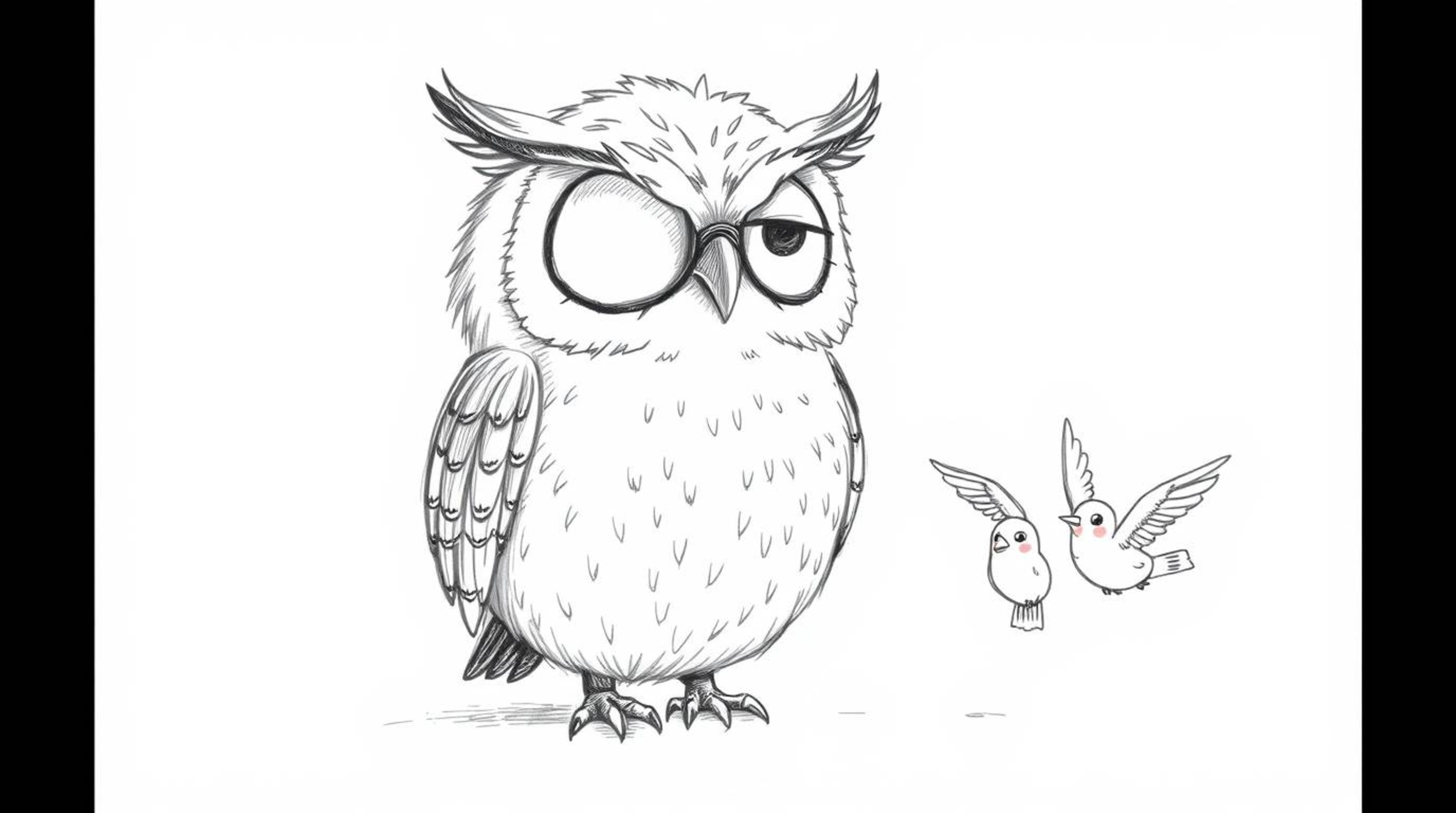 A heartwarming hand-drawn sketch depicts a wise, blind owl with soft, feathery texture guiding small birds in their first att