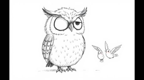 A heartwarming hand-drawn sketch depicts a wise, blind owl with soft, feathery texture guiding small birds in their first att