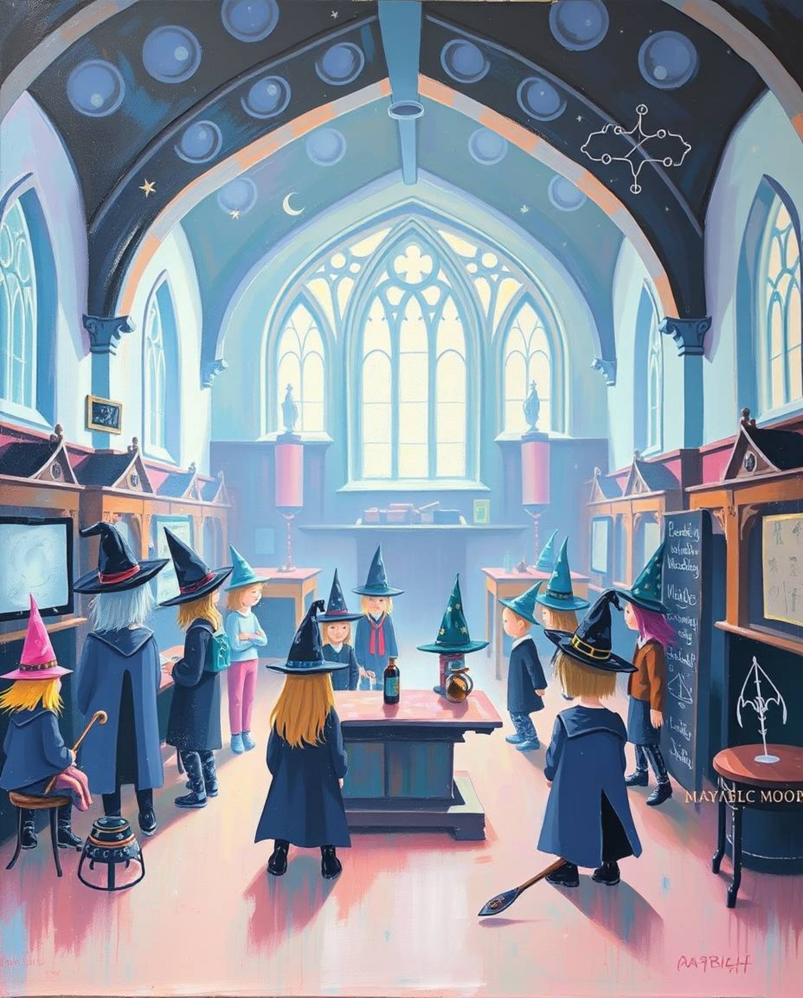 A captivating acrylic painting depicts a magical school brimming with young wizards.  The artwork features a soft, pastel col