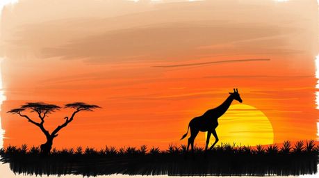 A captivating hand-drawn sketch in a moody style portrays a vibrant sunset over a sprawling savanna. Silhouetted giraffes sta