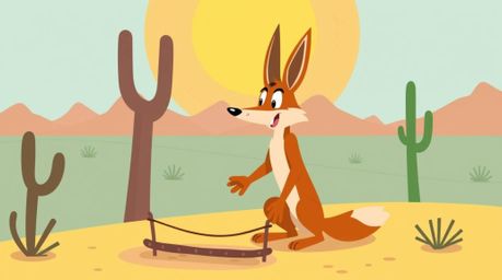 A coyote is depicted setting up a ridiculously elaborate trap in the vast, arid desert. The image features a bright, vibrant,
