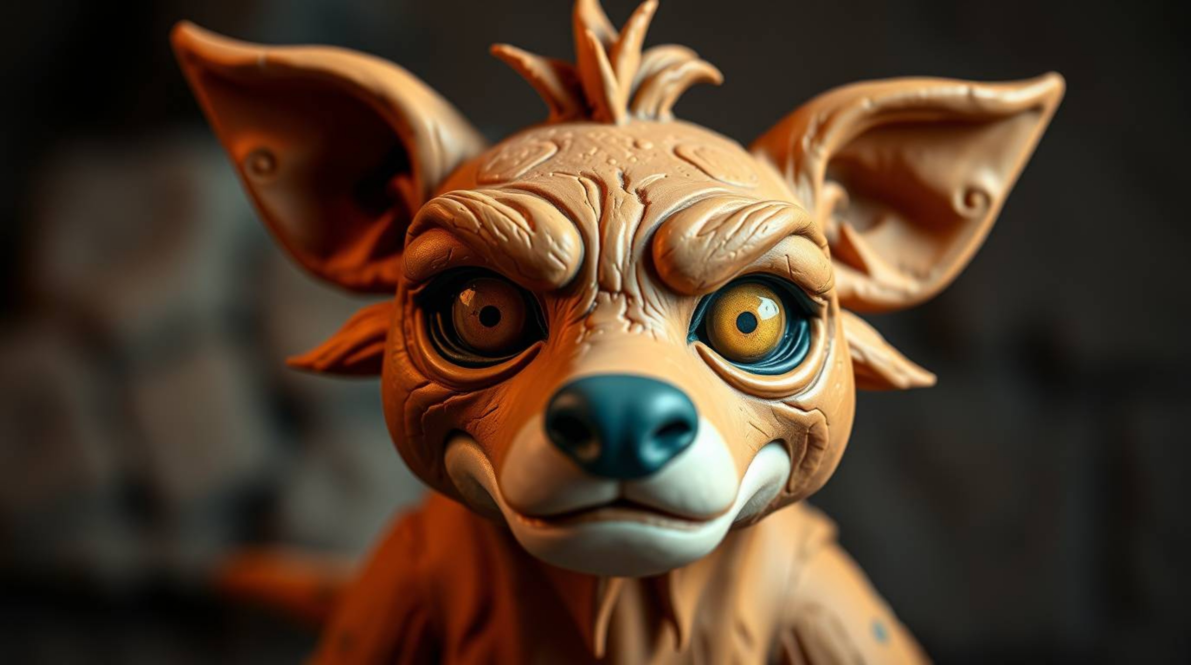 A captivating clay sculpture depicting a sarcastic animal sidekick with strikingly expressive eyes. The warm terracotta and c