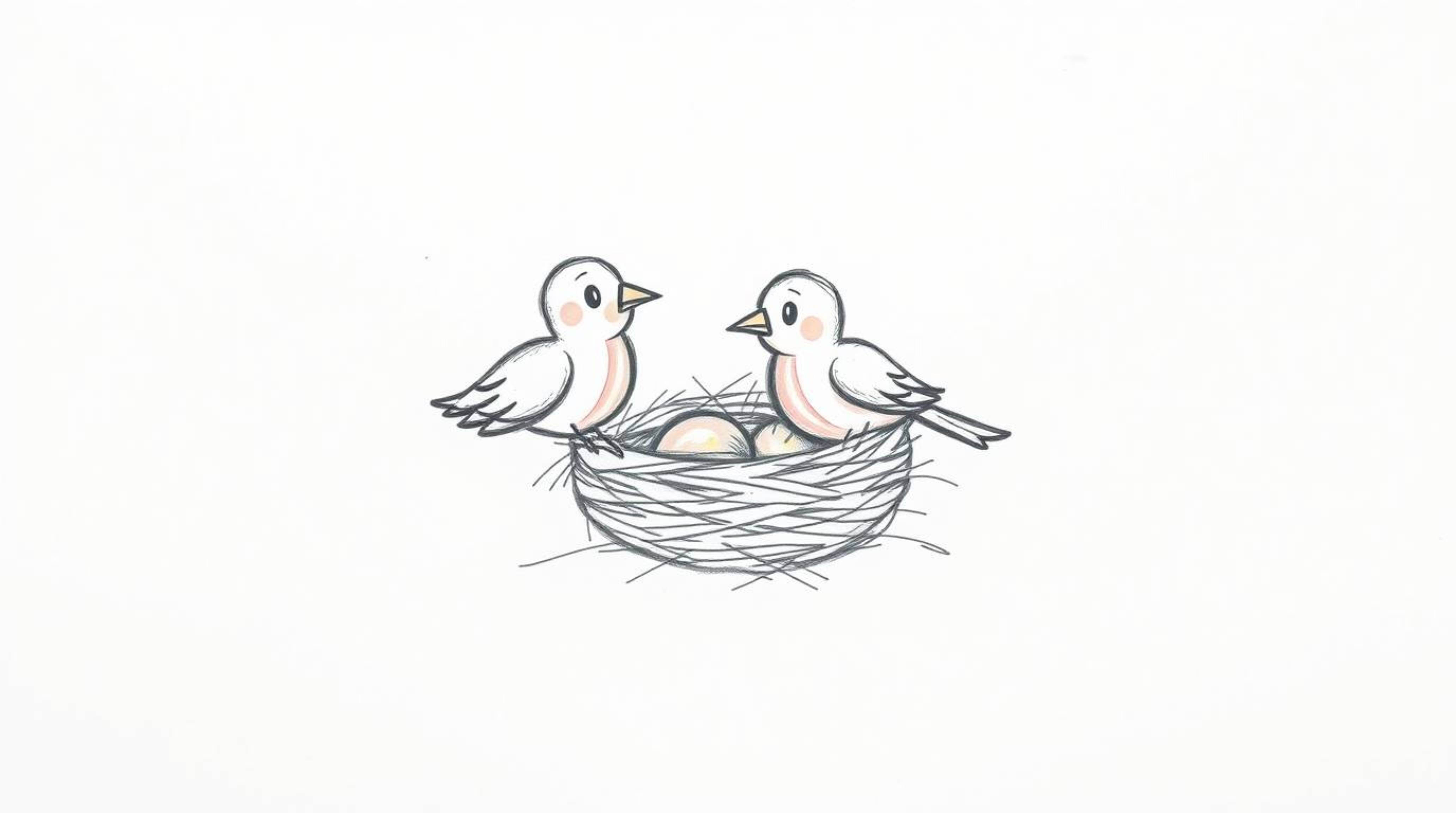 A charming hand-drawn sketch depicting two cartoon birds in a classic animation style diligently building their nest. The il