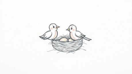 A charming hand-drawn sketch depicting two cartoon birds in a classic animation style diligently building their nest. The il