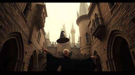 A captivating wide-angle shot showcases a classic Disney villain casting a spell within an ancient castle.  The precise archi