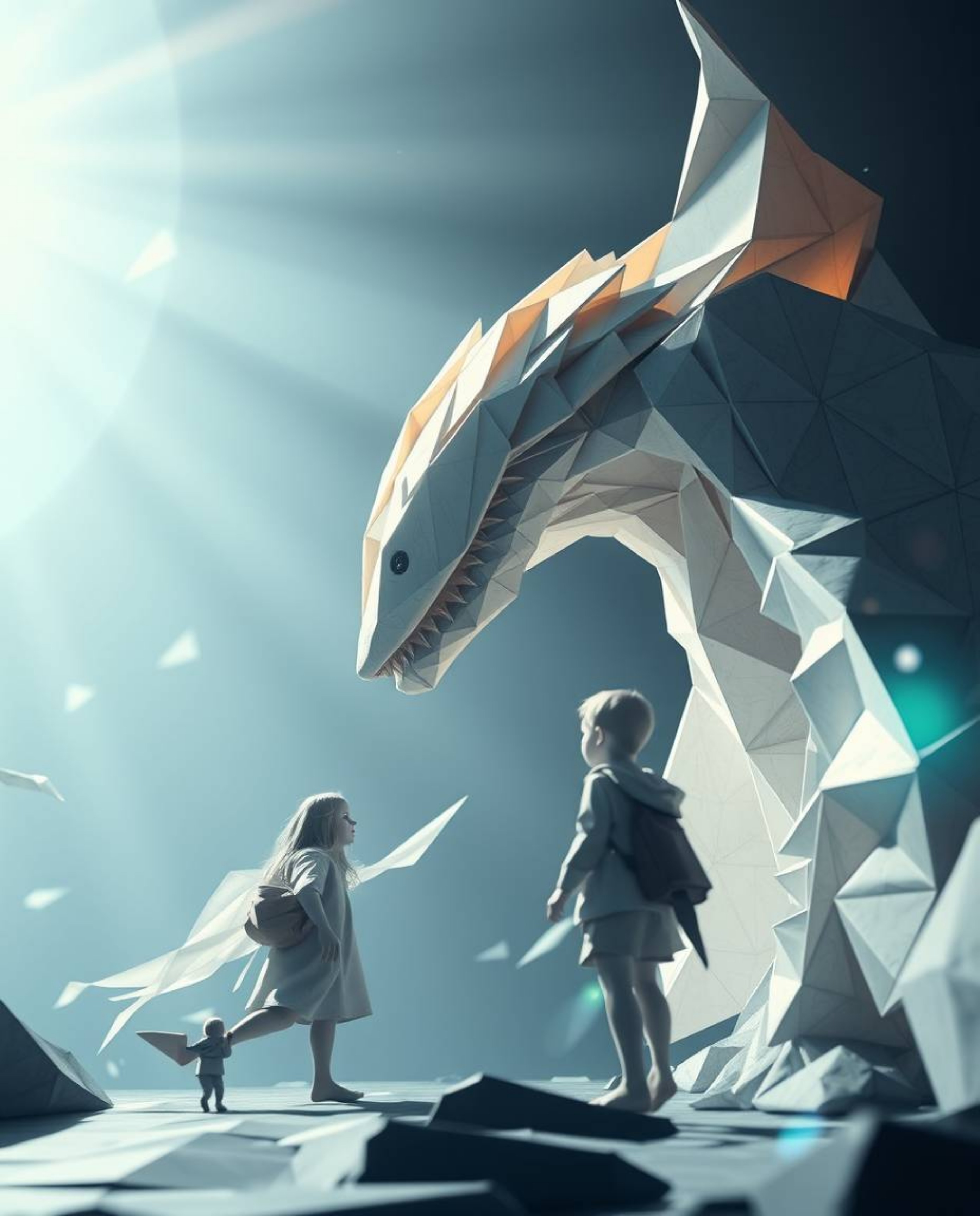 A breathtaking image depicts an unlikely friendship between a majestic sea creature and a child, rendered in intricate origam