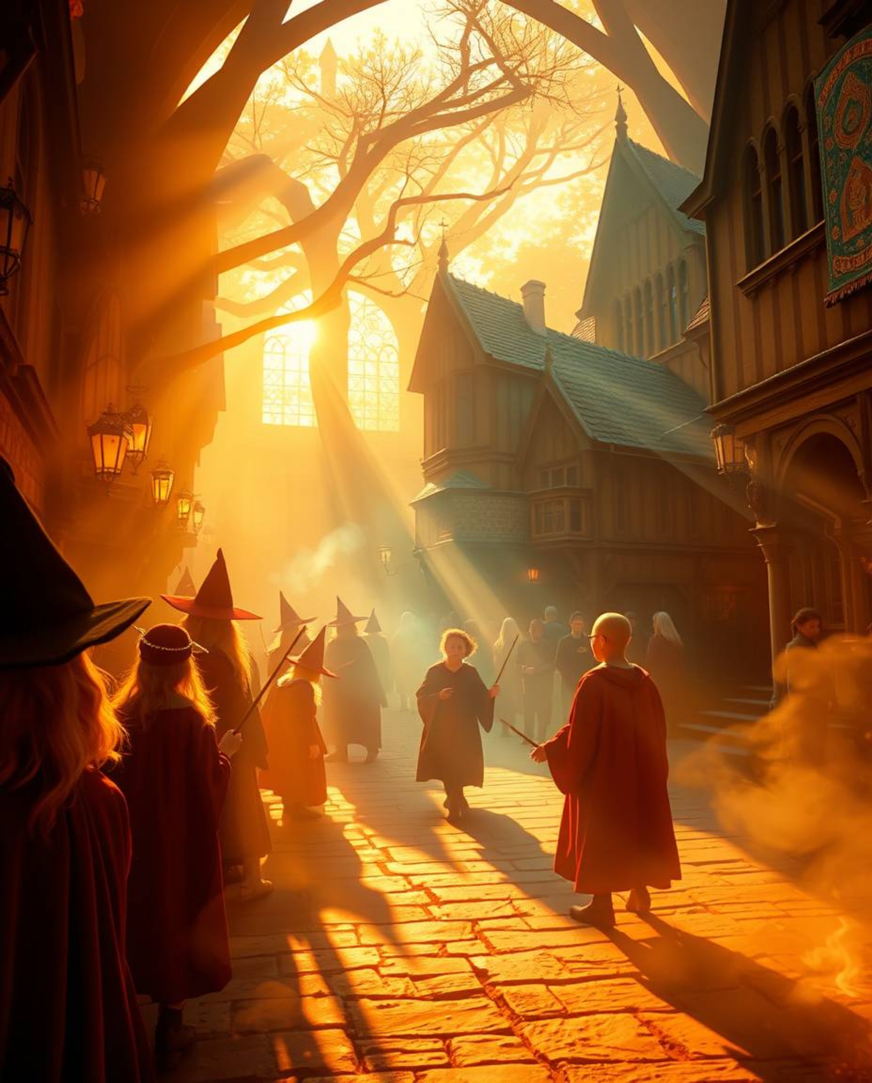 Immerse yourself in a magical school brimming with young wizards, bathed in the warm, enchanting glow of golden hour light. T