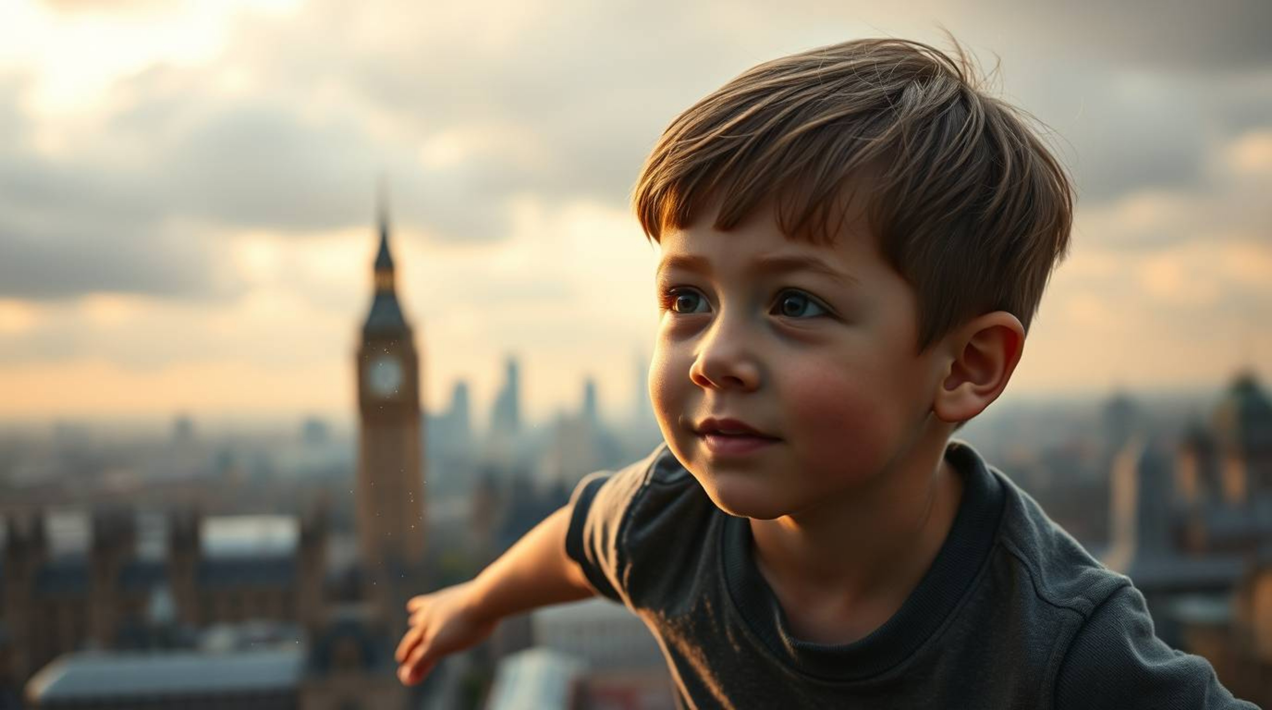 A professional fine art photograph captures a young boy with fair skin and light brown hair soaring above a softly focused Lo