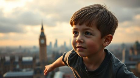 A professional fine art photograph captures a young boy with fair skin and light brown hair soaring above a softly focused Lo