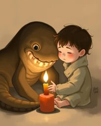 This digital painting captures a heartwarming scene of a sea creature and a human child sharing a tender moment under the sof
