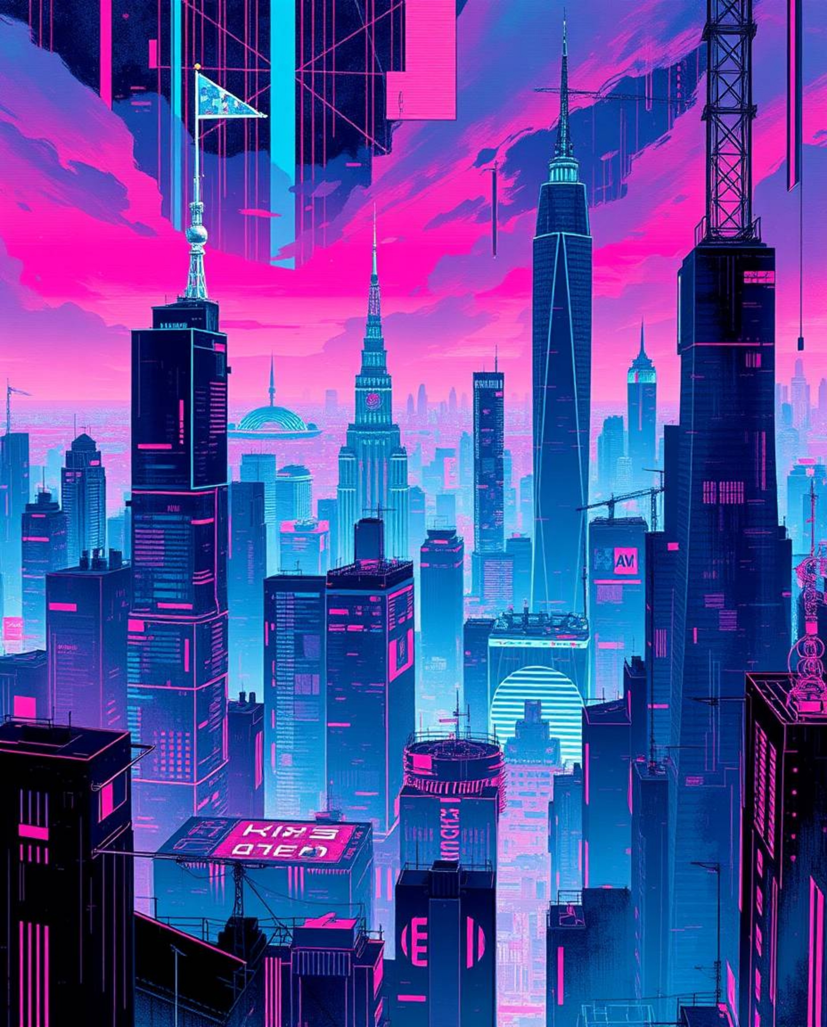 Explore a captivating isekai anime-style illustration featuring a glitchy cityscape rendered in vibrant colors and rich, deep