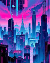 Explore a captivating isekai anime-style illustration featuring a glitchy cityscape rendered in vibrant colors and rich, deep